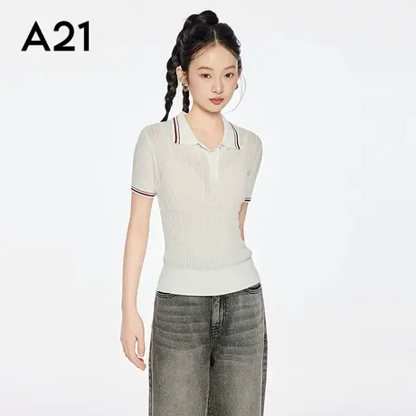 A21女装半开翻领短袖薄款毛针织衫2025夏季新款简约修身显瘦上衣商品大图