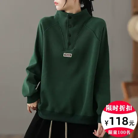 dza 纯棉加绒加厚高领卫衣女2023冬新款上衣宽松短款外套休闲长袖图片