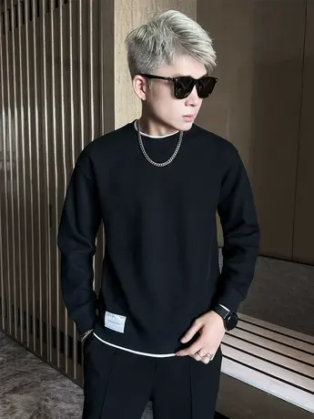 春秋新款男卫衣休闲潮流假两件套纯色男生上衣秋季修身套头衣服男商品大图