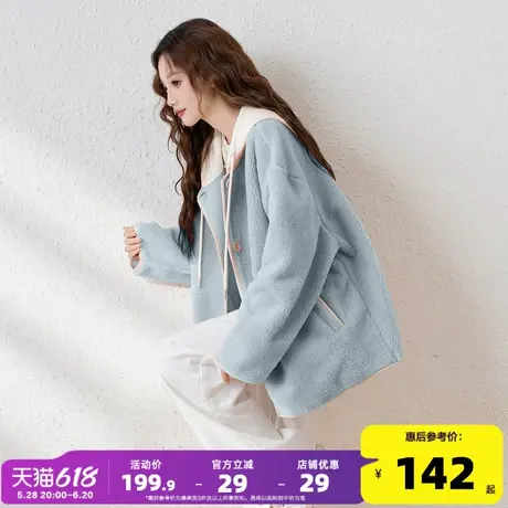 唐狮2025春季新款连帽拼接仿羊羔毛加厚保暖外套女宽松休闲潮流图片