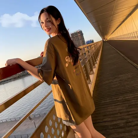 唐狮新款美式复古T恤短袖女夏季宽松纯棉chic别致上衣体恤商品大图