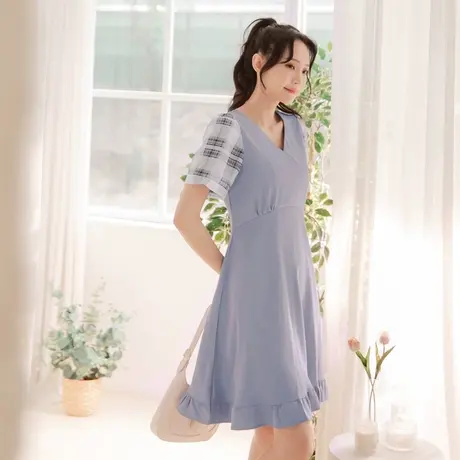 桔熊夏季气质假两件套连衣裙格子泡泡袖a字中长裙子女大码DA8847图片