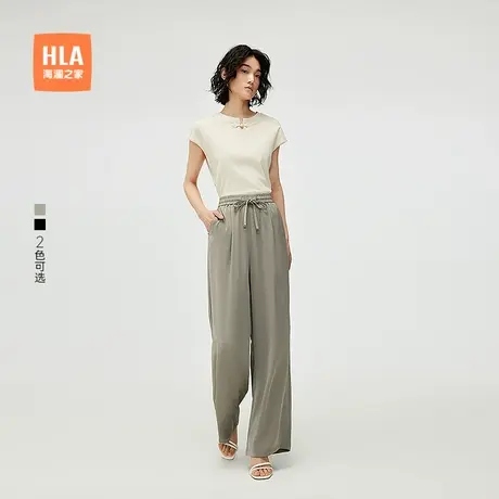 HLA/海澜之家中式休闲裤25春夏新款雪纺花纹直筒黑色吊坠裤子女装商品大图
