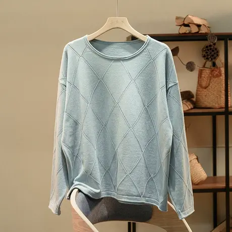 享永子【梦回兰亭】全棉线菱格镂空提花毛衣宽松长袖圆领针织衫商品大图