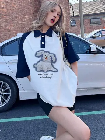 Polo领t恤女港风复古chic夏季大码插肩袖遮肉短袖潮ins慵懒风上衣图片