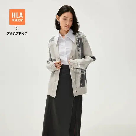 HLA/海澜之家曾超联名针织开衫24秋新撞色提花保暖休闲风毛衣女装商品大图