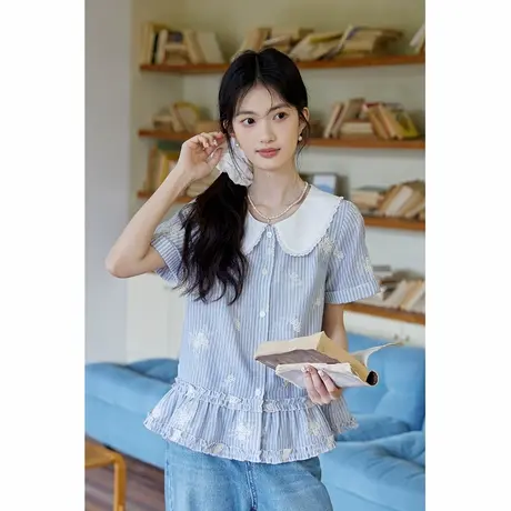 弥古蓝色条纹娃娃领衬衫女上衣高级感刺绣短袖法式衬衣2025夏新款图片