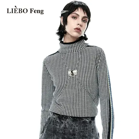裂帛LIEBOFeng商场同款2023年新款修身黑白千鸟格套头针织衫图片