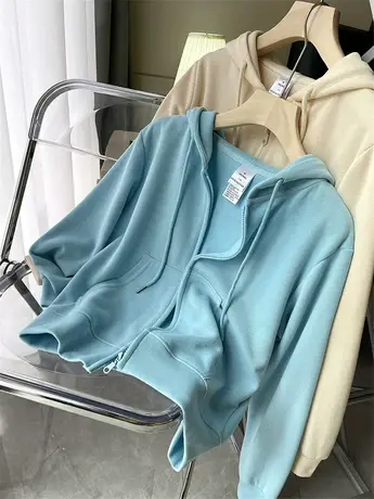 卫衣女连帽薄款2022春秋新款韩版宽松设计感小众拉链开衫短款外套图片