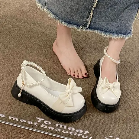 包头凉鞋女2023新款夏季厚底淑女仙女风珍珠蝴蝶结一字带玛丽珍鞋图片