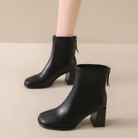 靴子女2023年春秋季新款小个子法式增高瘦瘦靴粗跟高跟洋气小短靴图片