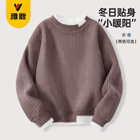雅鹿儿童加绒假两件毛衣2025新款中大童春季针织衫男童休闲上衣潮图片
