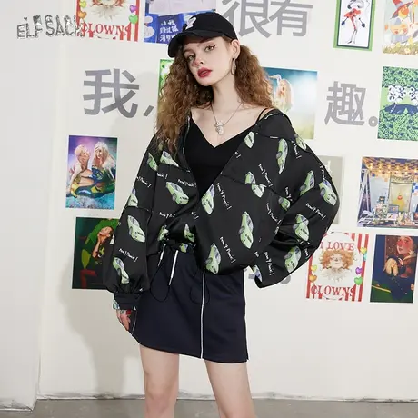 妖精的口袋美式满印短外套女2023夏季新款黑色运动休闲防晒外套薄商品大图