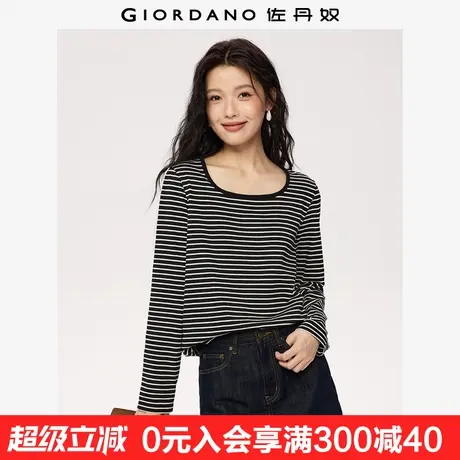 佐丹奴长袖T恤女秋季新款纯棉t恤衫时尚减龄条纹方领上衣13325778商品大图