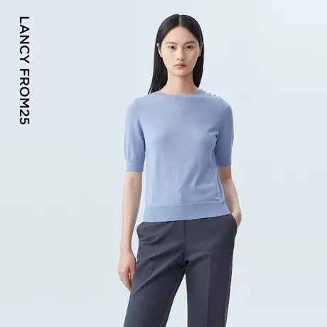 【羊毛】LANCY/朗姿2023秋季新款套头毛针织衫女短袖宽松内搭上衣商品大图