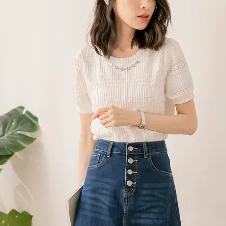 桔熊夏季轻奢复古提花小衫纯色圆领短袖上衣女胖妹妹大码AB17326图片