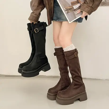 粗跟增高长靴女2025新款秋季复古气质百搭骑士靴小个子不过膝靴子商品大图
