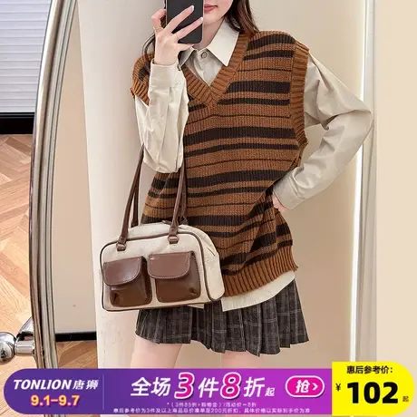 唐狮2025秋冬季复古条纹毛线衫V领套头女士马甲外穿时尚高级感ins商品大图