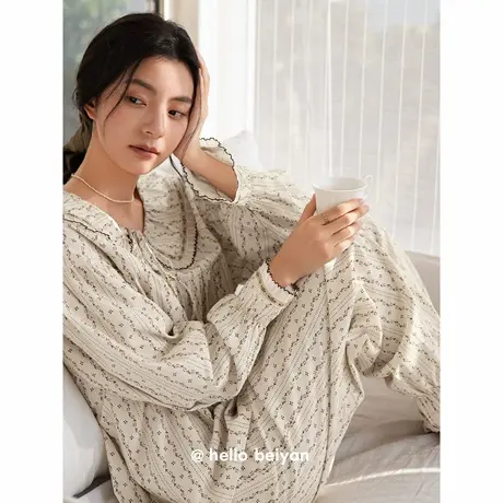 贝妍柔软棉睡衣女春秋新款长袖长裤家居服田园少女风甜美碎花套装商品大图