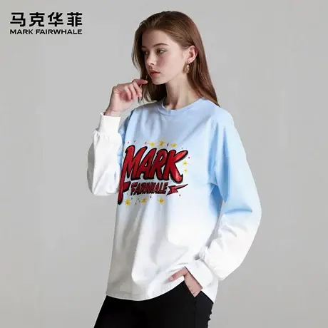 马克华菲 deer 字母星星渐变圆领套头长袖T恤宽松慵懒风穿搭外套图片