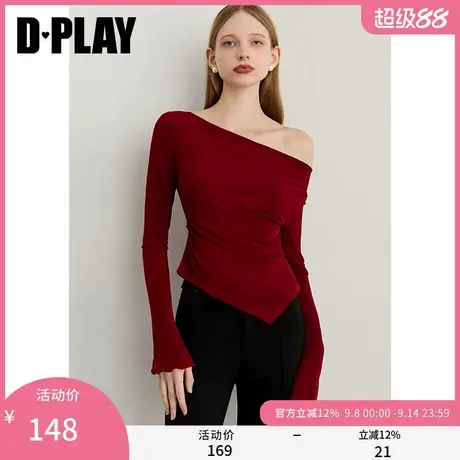 DPLAY2025年秋季新款红色t恤女时髦气质长袖修身上衣荡领打底衫商品大图