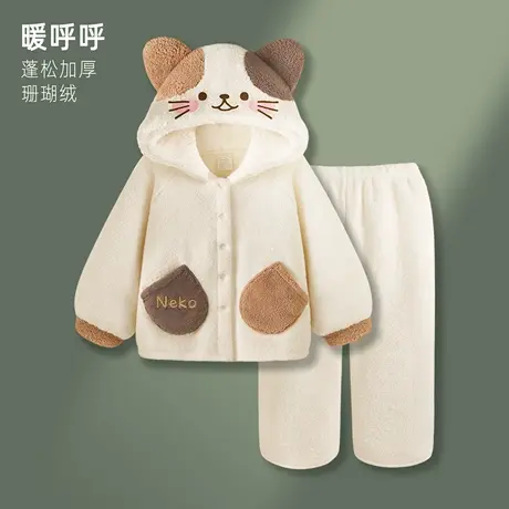 睡衣女款冬季加厚保暖珊瑚绒可爱猫咪可外穿甜美少女家居服套装商品大图