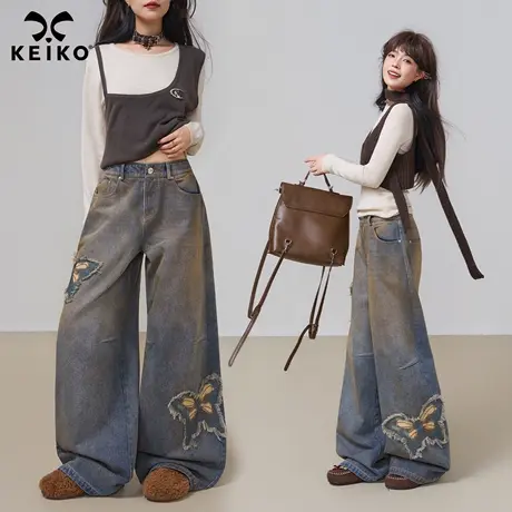 KEIKO 重工美式蝴蝶刺绣阔腿牛仔裤女25秋季甜辣高腰宽松拖地长裤商品大图