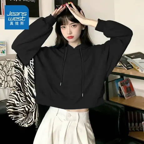 NOE真维斯短款黑色连帽卫衣女2025新款春秋款青少年薄款套头上衣商品大图