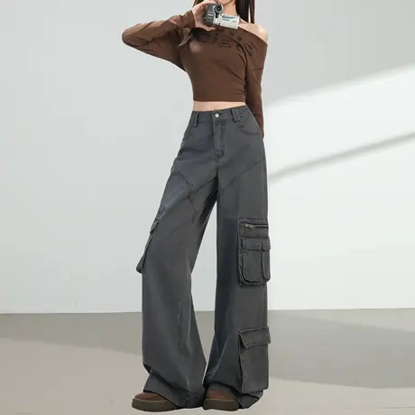 重工多口袋工装牛仔裤女秋季2025新款复古高腰宽松显瘦拖地阔腿裤商品大图