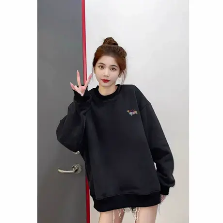 黑色圆领重磅卫衣女2025新款秋季长袖无帽上衣宽松韩系慵懒风外套商品大图
