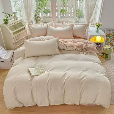 优选2026新款无印风贝壳绣双层纱棉麻水洗四件套图片