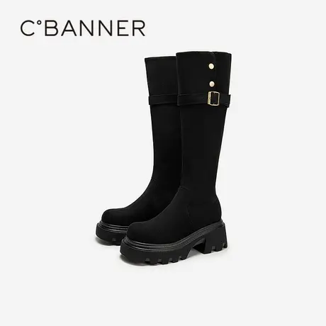 千百度两穿厚底骑士靴女冬季新款黑色增高瘦瘦靴保暖高筒长靴图片
