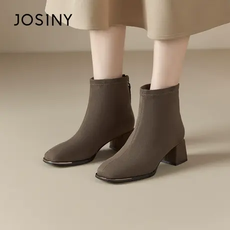 卓诗尼2025秋冬新款粗跟瘦瘦靴舒适女靴时尚潮流后拉链气质短筒靴图片