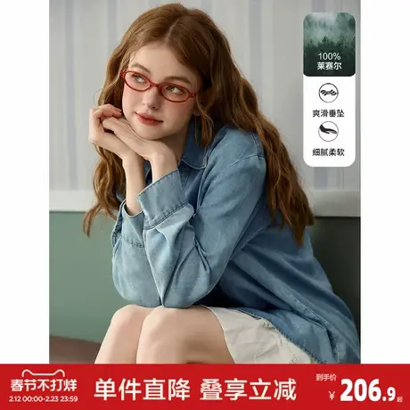 唐狮2026春季新款翻领牛仔衬衫女拼接蕾丝花边设计感气质女士外套图片