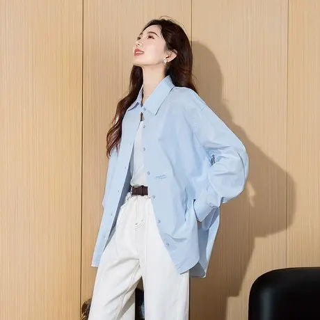 唐狮春季新款女衬衫蓝色长袖纯色高级感女士衬衣小外套通勤休闲TM图片