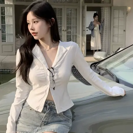 2023秋季新款V领翻领修身百搭长袖白色衬衫女纯欲风短款纯色上衣图片