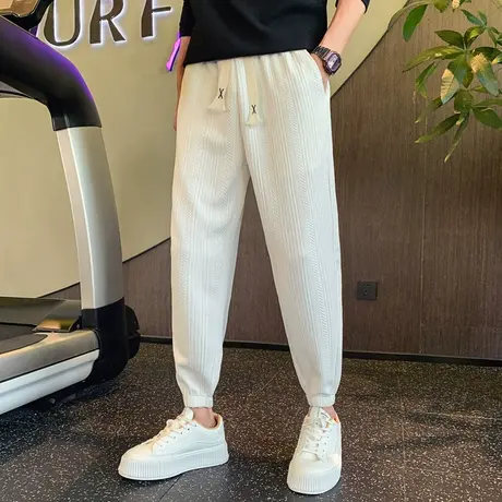 加绒卫裤男秋冬小众纯色提花设计束脚长裤ins潮牌加厚哈伦休闲裤图片