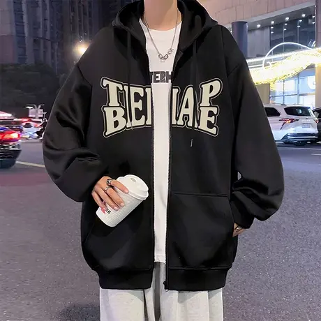 加绒港风卫衣外套男ins潮牌秋冬款宽松拉链连帽秋季加厚男生开衫商品大图