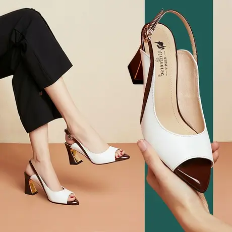 清仓尖头高跟单鞋女气质百搭鱼嘴一字扣带简约时尚粗跟浅口女鞋商品大图