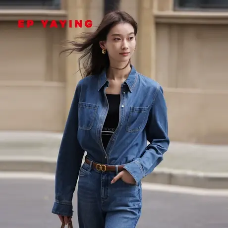 EP雅莹国风 纯棉复古蓝色oversize牛仔衬衫 2024早春新品J299Z图片
