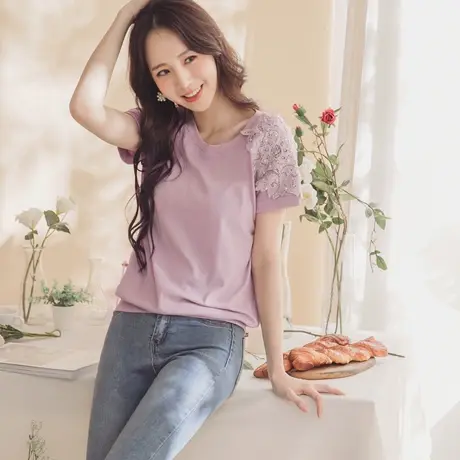 桔熊夏季韩版气质蕾丝花边钉珠拼接短袖t恤舒适上衣女大码AB12527图片