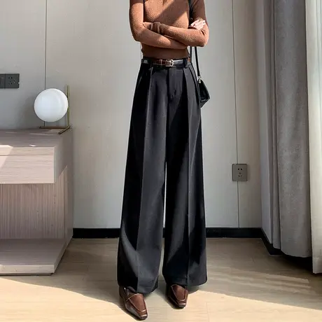 黑色高级感毛呢阔腿裤女秋冬小个子高腰垂感宽松显瘦直筒休闲裤子商品大图