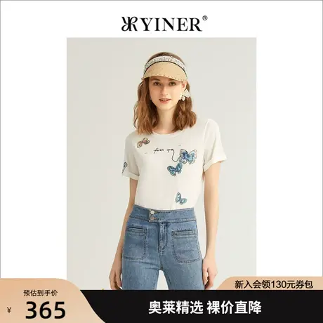 YINER音儿专柜女装2022夏季新款气质蝴蝶印花圆领针织衫商品大图