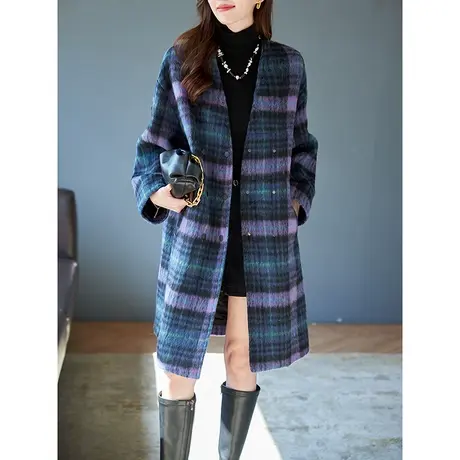 宝诗黎V领大码休闲夹棉格子大衣女宽松保暖外套女2023秋冬季新款商品大图
