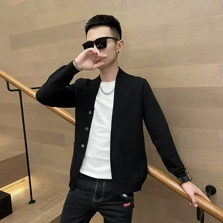 秋季开衫男毛衣针织衫修身韩版秋装纯色百搭开衫潮牌潮流ins外套商品大图