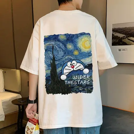 多啦A梦短袖T恤男夏季潮牌ins美式宽松上衣港风复古半袖潮流体恤t图片