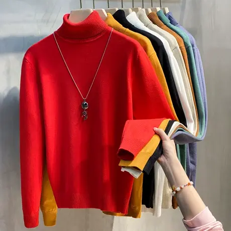 高领毛衣男新年大红秋冬季厚款男士韩版针织加绒线衣打底衫潮流商品大图