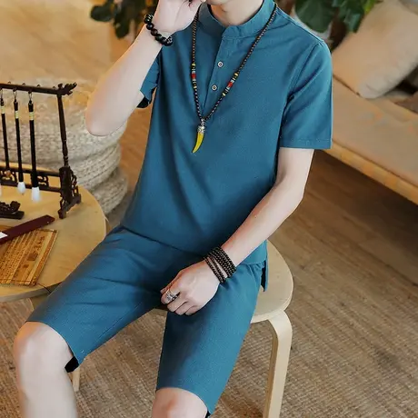 夏季亚麻套装男士中国风棉麻V领短袖t恤男装大码宽松短裤两件套潮商品大图