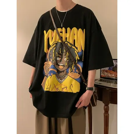 纯棉薄款宽松短袖T恤男2023新款夏季潮流印花情侣装美式复古体恤商品大图