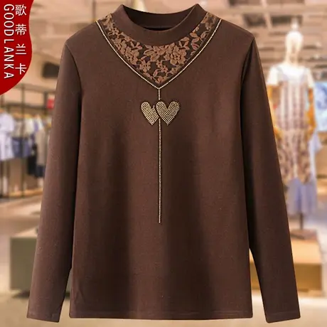 40-50岁中年妈妈秋冬装德绒打底衫大码洋气蕾丝镶钻半高领T恤上衣商品大图